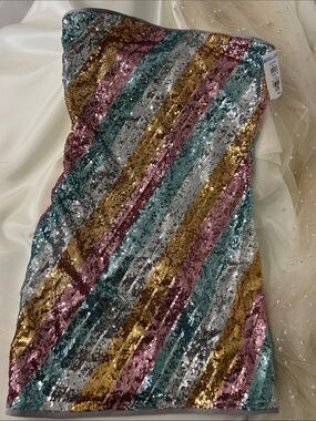 Flying Tomato Girls Sequin Diagonal Stripe Dress in Teal, Pink, Gold & Silver